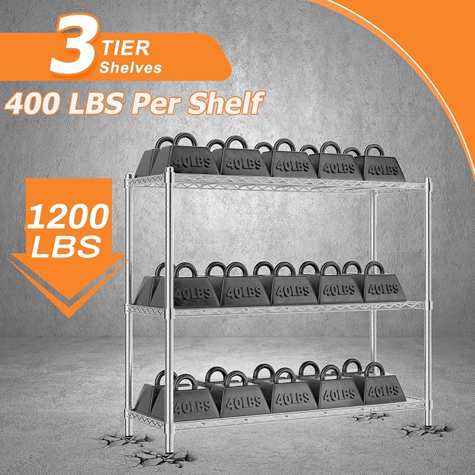 ROOMTEC 3-Tier Wire Shelving Unit,45" W*20" D*47" H,Max Load 1200 lbs | Small Garage Shelves,Adjustable Storage Rack, Metal Shelf for Kitchen, Pantry, Laundry Room, Basement