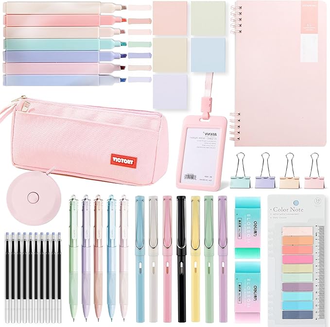 45PCS Morandi Color School Supplies Set with Notebook, Gel Ink Rollerball Pens, Pencil Cas, ID Badge Holder, fluorescent pens,Pencil, Erasers, Clip, tape measure, pen core