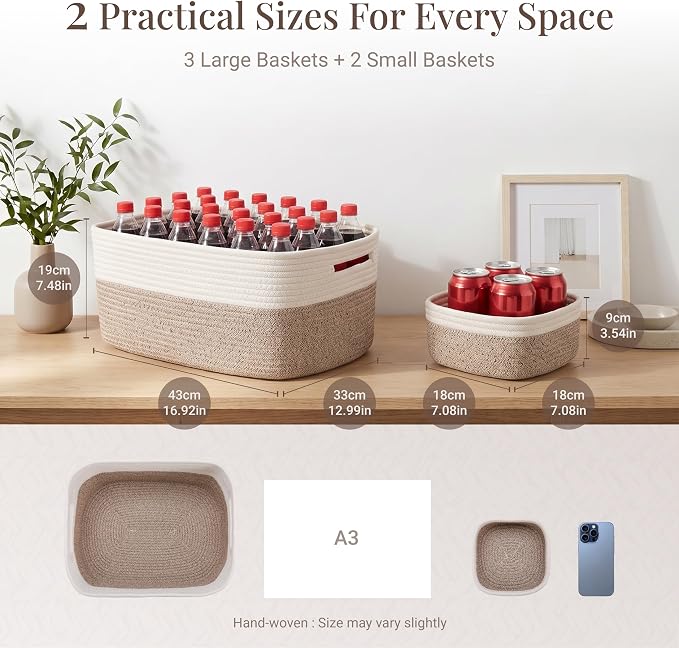 5-Pack Large Woven Rope Storage Baskets, 2 Sizes Organizer Bins | Fabric Cube Boxes and Rectangular Shallow Bins for Closet, Shelf, Bookshelf, Nursery, Changing Table, Bathroom, Toys & Home