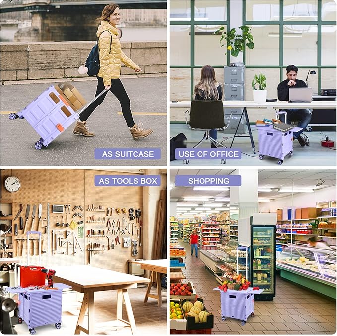 Foldable Utility Cart Folding Portable Rolling Crate with Magnetic Extended Lid,360°Rotate Wheels,176LBS Load Capacity,Heavy Duty Durable Dolly Cart for Teacher Tourist Shopping Office Outdoor