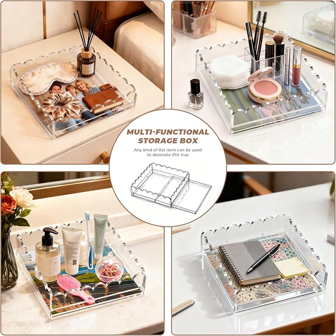 Acrylic Tray for Needlepoint Insert, 9 x 9 Inch Large Clear Scalloped 5MM Acrylic Decorative Tray with Upgraded 2 Magnets Drawer for Display Photos Fabrics Square Organizer Tray for Home Decor Gift