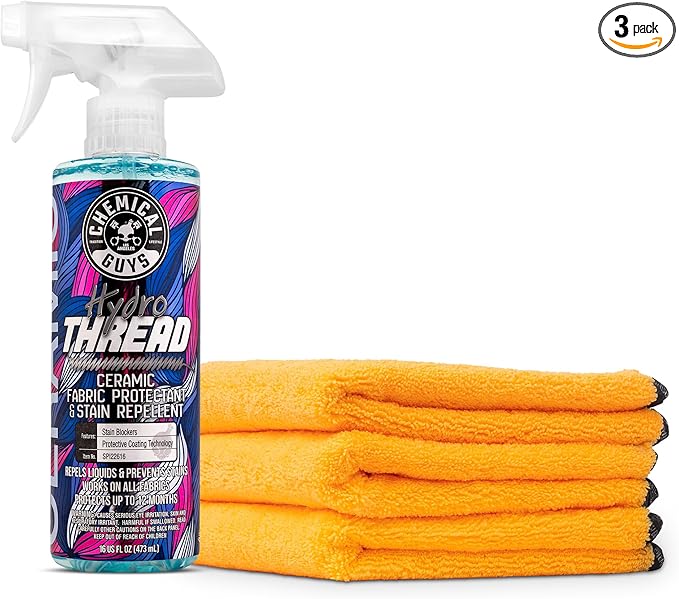 Chemical Guys SPI22616 HydroThread Ceramic Fabric Protectant & Stain Repellent (Works on Fabric, Carpet & Upholstery) 16 oz. + MIC_506_03 Premium Microfiber Towels, Gold (16" x16") 3 Pack