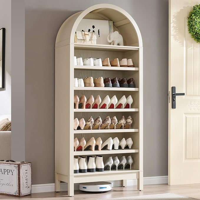 IFGET 71" Tall Arched Shoe Storage Cabinet, 7 Tiers 28 Pairs Wooden Shoe Rack with 3 Adjustable Shelves, Freestanding Shoe Closet Shelf Organizer for Entryway, Hallway, Living Room (Cream)