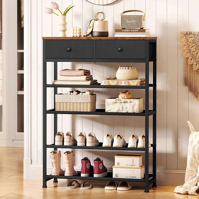 usikey Shoe Rack, 5 Tier Shoe Storage Organizer with 2 Drawers, Metal Shoe Shelf for 12-16 Pairs of Shoes, with 4 Oxford Fabric Shelves and Wooden Top, Shoe Stand for Closet Entryway, Black