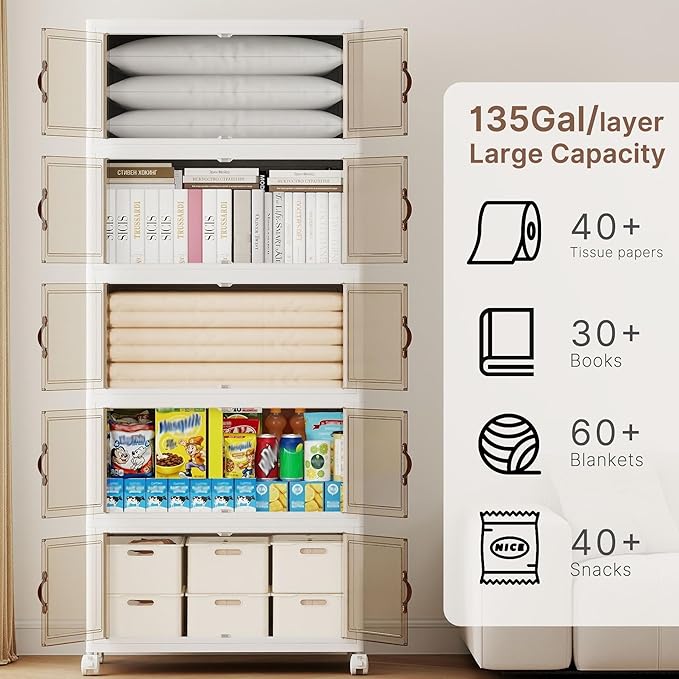 540QT Extra Large Stackable Storage Bins with Lids & Wheels & Door, 135Gal Foldable Collapsible Closet Organizers, Plastic containers drawers for bedroom Dorm