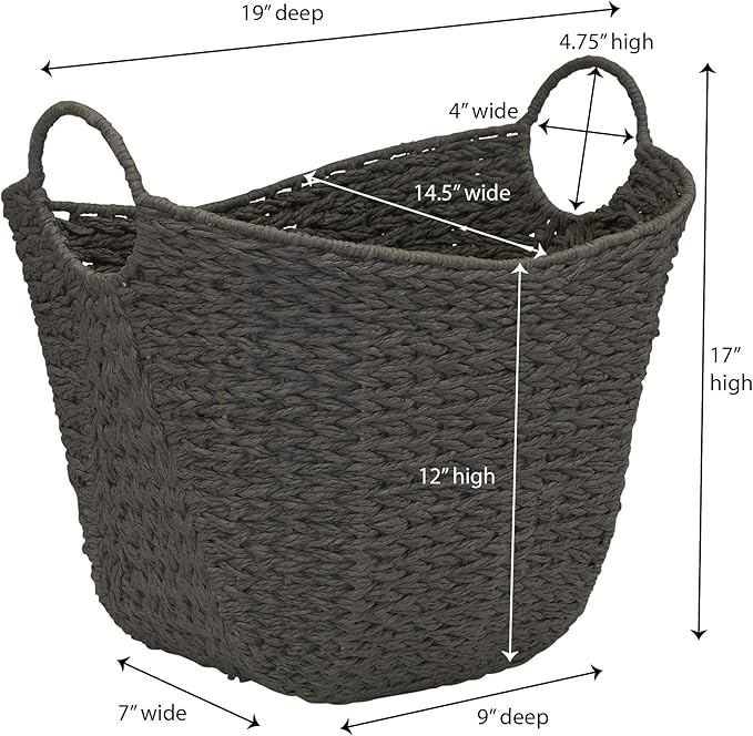 Household Essentials Handwoven Paper Rope Storage Basket with Metal Frame and Handles, Gray
