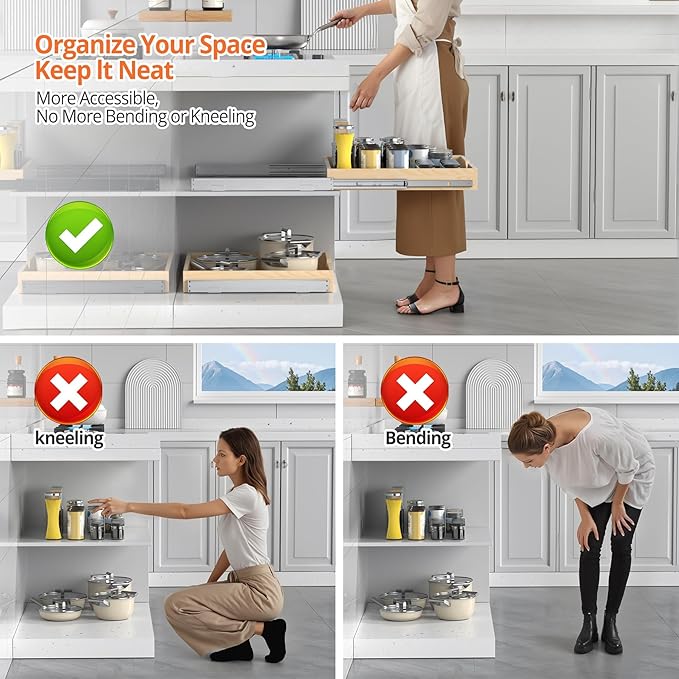 ZOINLIY 21''W X 21''D X 3''H Wooden Pull Out Drawer for Cabinet, Cabinet Organizer for Kitchen, Soft Close Slide Out Shelves, Heavy Duty, Fully Expandable