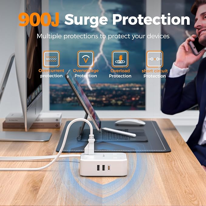TESSAN Surge Protector Power Strip, 5 Ft Flat Plug Extension Cord with 3 USB (1 USB C 20W PD) 8 Outlets, 900J Protection, 3 Sided Outlet Extender with Power Switch for Office, Dorm Room, Grey