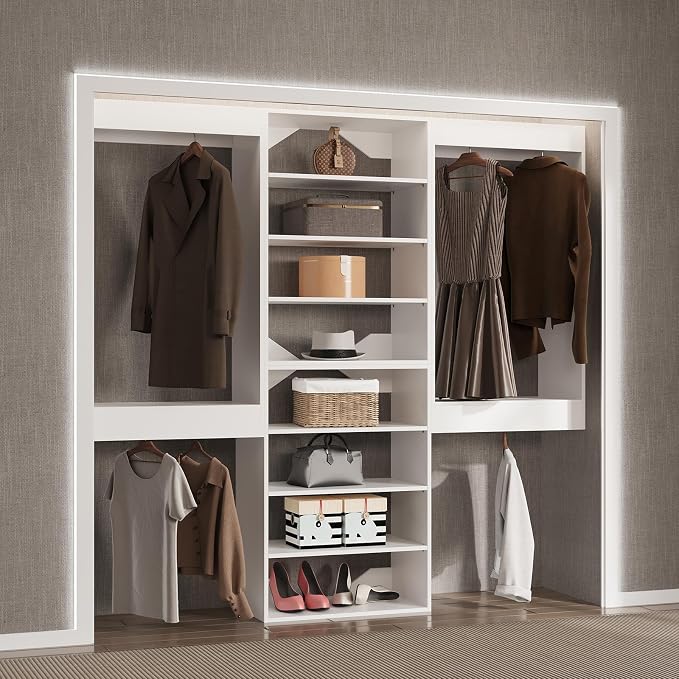 Modular Closet Organizer - 90" Wide, Wooden Tower Wardrobe System, Wall Mounted for Walk-in Closets, White