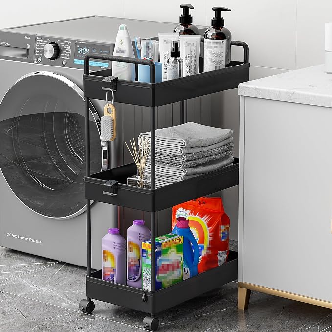 Ronlap 3 Tier Slim Rolling Storage Cart with Wheels Utility Organizer,Black | For bathroom, laundry, kitchen, bedside & dorm. Fits art, craft, snack, makeup, nail, diaper & postpartum baby supplies