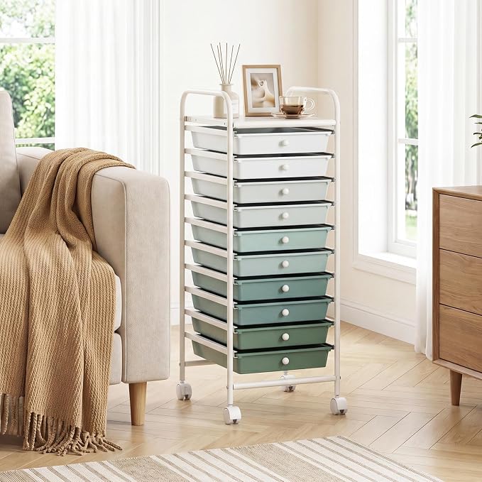 GOFLAME 10-Drawer Rolling Storage Drawer Cart, Utility Cart with Removable Drawers & Metal Frame, Mobile Art Craft Drawer Cart with Lockable Wheels for Home, Office, Studio, School, Green Gradient