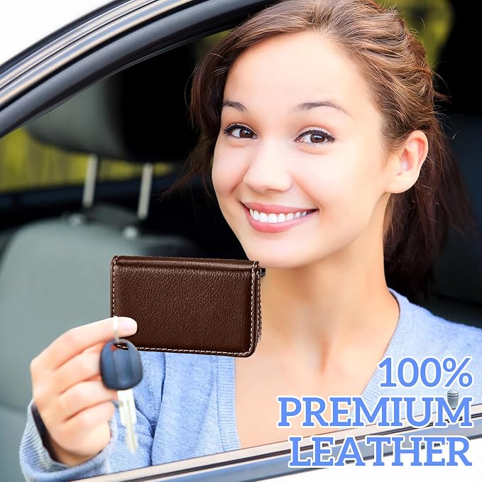 Outus 2 Pcs Business Card Holder, PU Leather Business Card Case Pocket Wallet with Magnetic Shut for Valentines Gift Adult(Coffee, Blue)