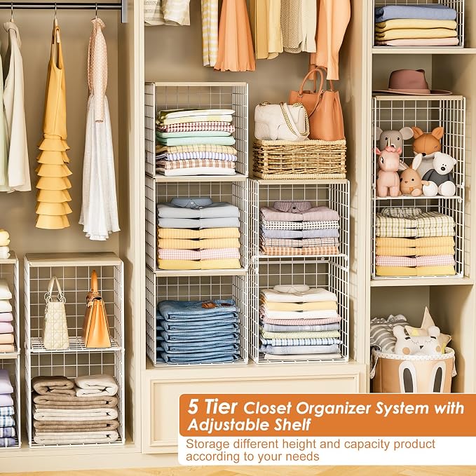 Hencawima 5PCS Stackable Closet Organizers and Storage, Closet Shelves with Wood Top Extra Storage, Clothes Storage Organizer Basket Bin/Cube for Home Wardrobe Organization(White-Sturdy Metal)