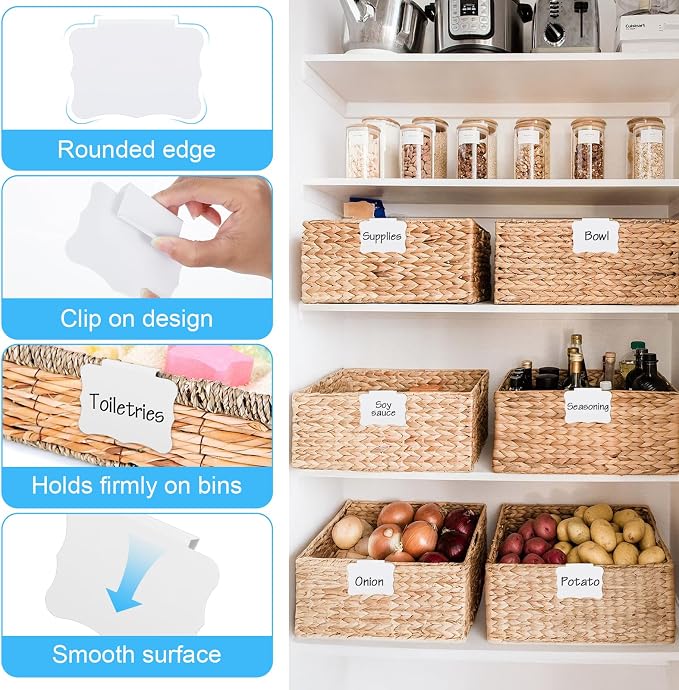 8PCS White Basket Labels Set Basket Labels Clip on 3.5x2.7 Inches Kitchen Clip Label Holder Clips On PVC Label Removable Holders Removable Pantry Baskets Labelsfor Pantry Storage Bins Box