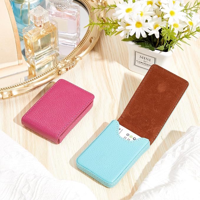 Outus 2 Pcs Business Card Holder, PU Leather Business Card Case Pocket Wallet with Magnetic Shut for Men Women(Pink and Green,Classic)