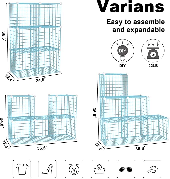 C&AHOME Wire Cube Storage, 6 - Cube Organizer Metal C Grids, Modular Shelves Units, Closet Organizer, Ideal for Home, Office, Living Room, 36.6”L x 12.4”W 36.6”H, Blue UWCS3006B