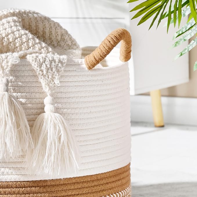 KAKAMAY Large Blanket Basket with Handles, Storage Basket for Living Room | Extra Large Capacity | Natural Cotton Rope | Blanket Storage | Woven Basket | Stuffed Animal Storage | Laundry Basket
