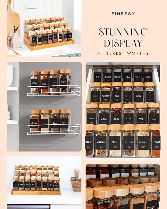 FINESSY Thick, Empty, Square Glass Spice Jars With Bamboo Lids, 4oz 24 Pack | Seasoning Containers With Labels, Airtight Lids, Shakers, 240 Waterproof Labels (120 Black Rectangular, 120 White Circular)