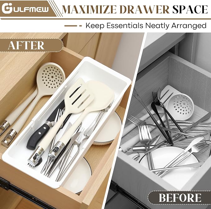 2 Pack Deep Drawer Organizer Adjustable Storage Bin(17.4-27.6") | Adjustable Width Design, Maximize Drawer Storage, Kitchen & Home Organization Solution