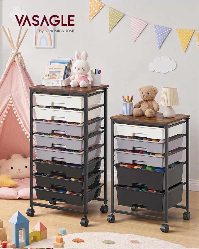 VASAGLE 8-Drawer Rolling Storage Cart, Utility Cart with Wheels and Wood Top, Craft Organizer for Office and Home, 15.6 x 11.2 x 30.1 inch, Black, BENCO Collection ULRC006B101