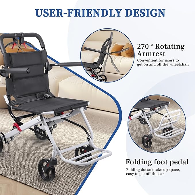 Wheel Chair for Adults,Transport Wheelchair Lightweight Foldable,Transport Chair for Senior,All Terrain Applicable,Travel Wheelchairs Can be Easily Placed in The Trunk.