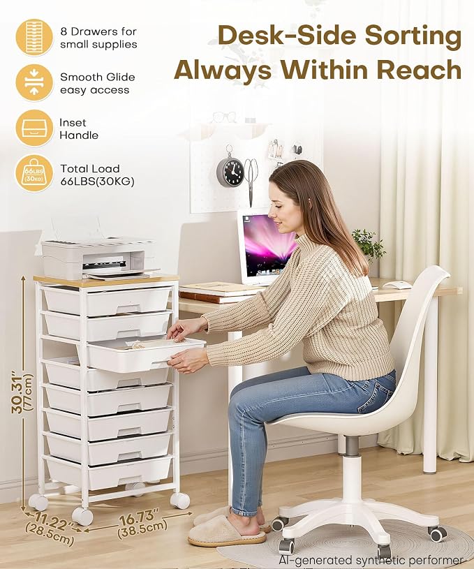 Homde Rolling Storage Drawer Cart: 8-Drawer Sort to Clear Desk & Dresser Clutter - Anti-Fall Smooth Glide Prevents Spill-Out During Daily Grab - Lockable Wheels Keep It Steady