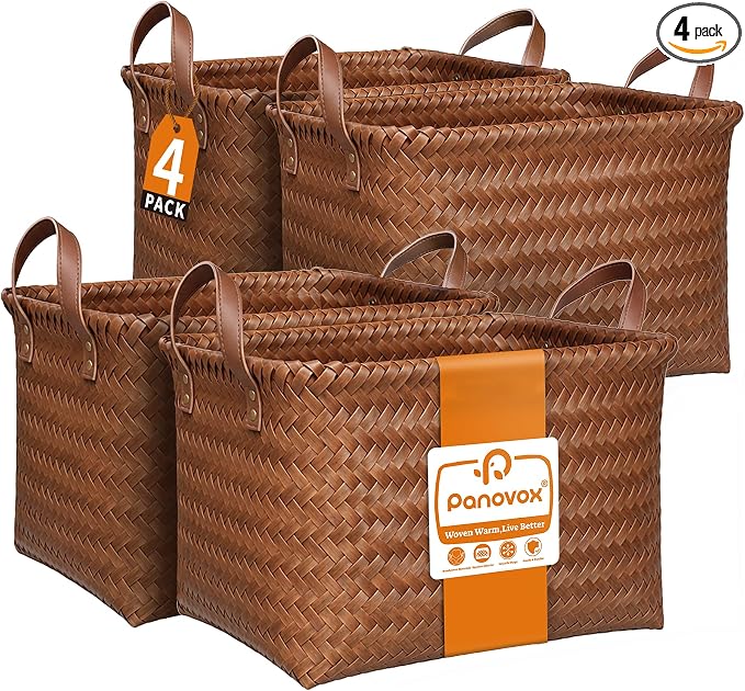 Hand Woven Baskets for Storage, 4Pcs Water-Resistant Wicker Baskets, Brown Wicker Storage Baskets for Shelves, Large Basket with Handle for Organizing, Clothes, Laundry, Blanket - Rectangular