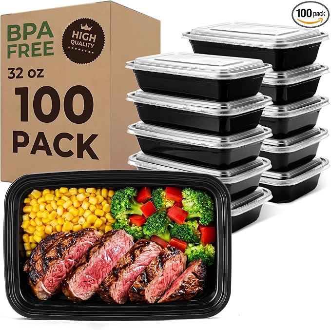 Glotoch Express Meal Prep Containers with Lids 32oz 100 Pack (200 Piece) | Reusable Sturdy Food Containers Leakproof Airtight Microwave Freezer Safe Plastic Bento Lunch Boxes for To Go Takeout