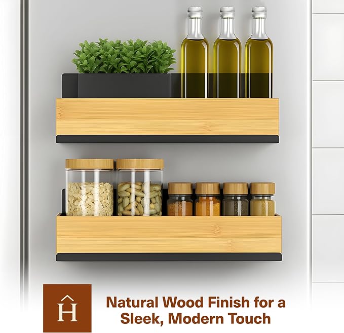 2 Pack Magnetic Spice Rack for Refrigerator – Strong Magnetic Shelf for Fridge, Large Spice Organizers, Paper Towel Holder & 8 Hooks – Kitchen Storage by Home Haven.
