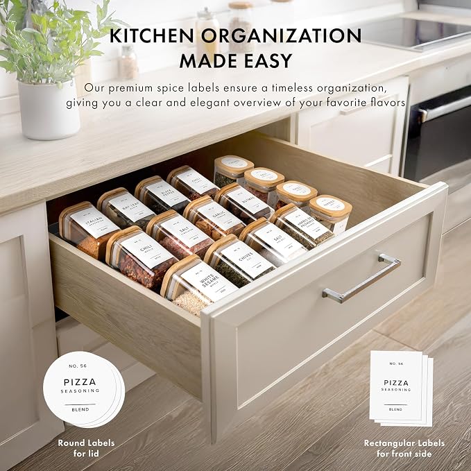 EDELHAUS Minimalist Spice Container Labels Self-Adhesive - 160 Stickers for Spice Jars, Spice Jars & Drawers, Round & Rectangular, Waterproof Spice Organiser Labels for Kitchen Organisation (White)