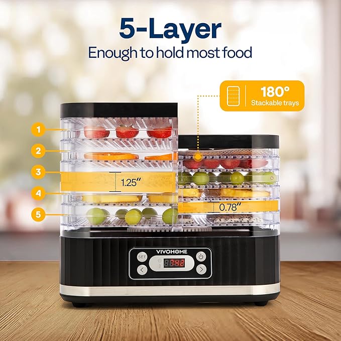 VIVOHOME Electric 5 Trays Food Dehydrator Machine, 400W Hydrator Machine with 72H Digital Timer and Temperature Control for Fruit Vegetable Meat Jerky Herb Beef Mushroom, Black