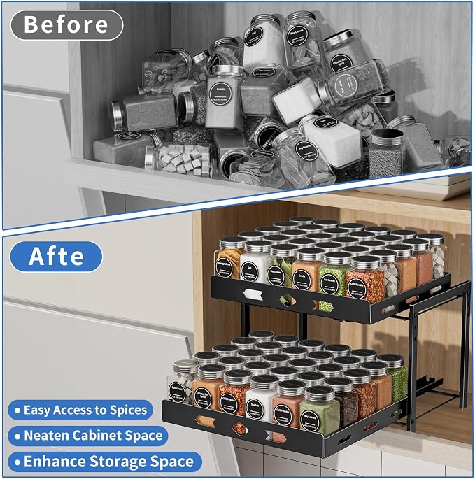 BOIVSHI Spice Organization for Cabinet, 2-Tier Cabinet Spice Rack, Height Adjustable Vertical Spice Rack Pull Out for Kitchen, Cabinet, Pantry (14.1''Wx10.8''Dx9.2''H, Metal Black)