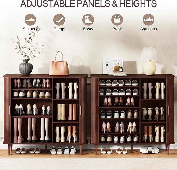DHH Shoe Storage Cabinet with Sliding Door, 6-Tier Shoe Cabinet with Adjustable Shelves, Modern Freestanding Shoe Storage Organizer for Entryway, Hallway, Living Room (Walnut, 47 ")
