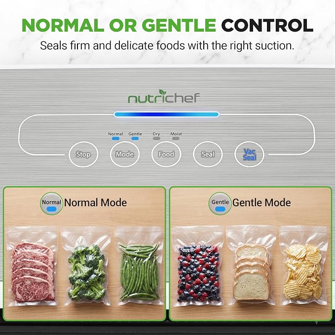 NutriChef Automatic Vacuum Air Sealing System for Food Preservation with Starter Kit, Compact Design, Lab Tested, Dry & Moist Food Modes with Led Indicator Lights, Silver