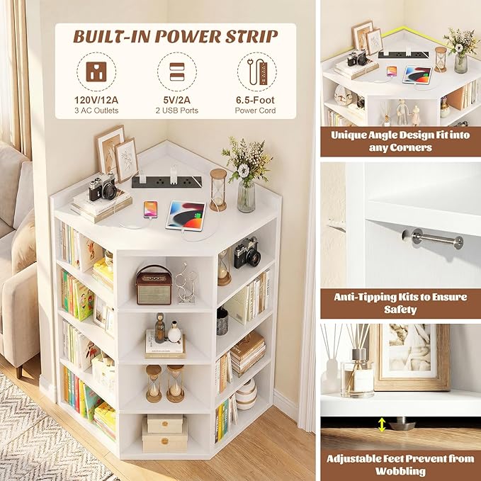Aheaplus Corner Cabinet, 5-Tier Corner Bookshelf with Power Outlets, Corner Cube Storage Shelf with Top Table, Wooden L Cubby Toy Storage with 12 Cubes for Home Office, Bedroom, Living Room, White