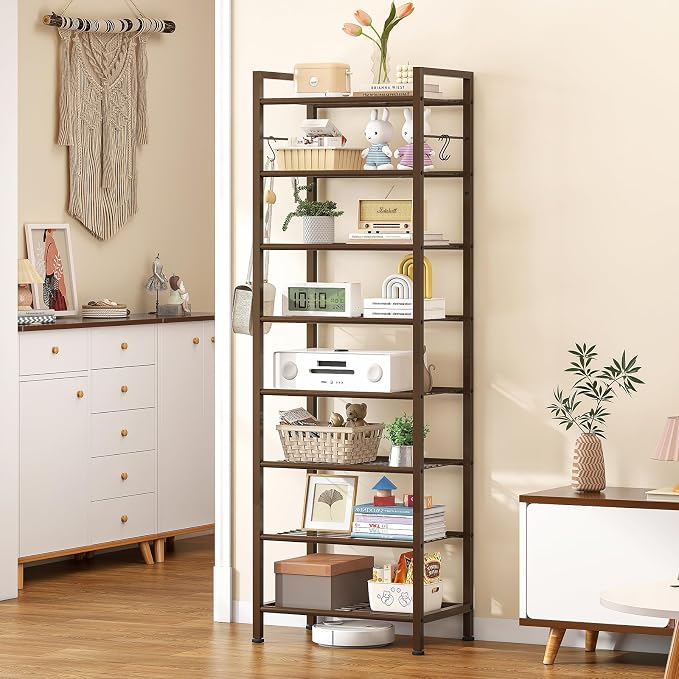 usikey 8 Tiers Narrow Shoe Rack 16-24 Pairs, Sturdy Metal Tall Shoe Rack with 4 Hooks, Slim Shoe Storage Organizer with Metal Shelf, Space Saving Vertical Shoe Shelf for Closet Entryway, Bronze