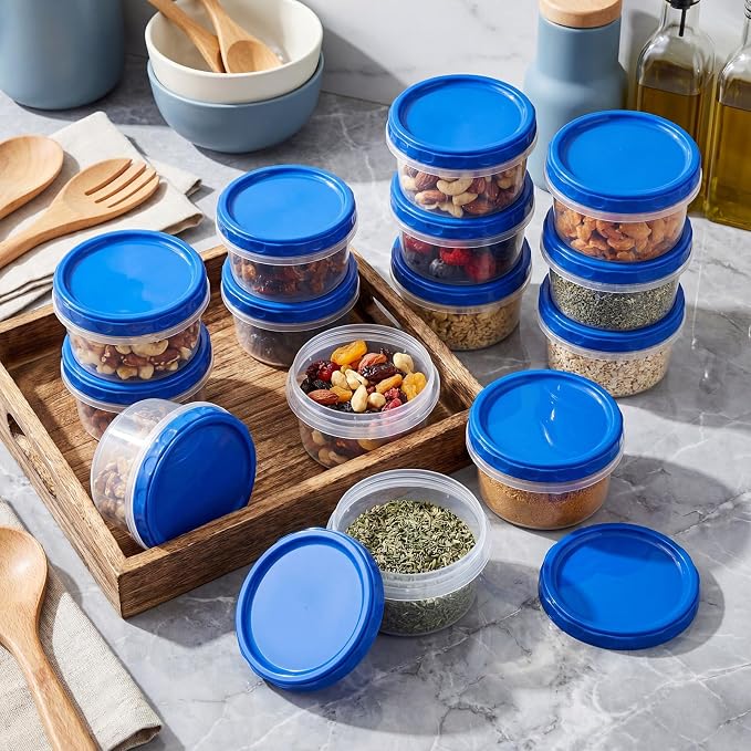 Sieral 16 Pack 8 oz Freezer Containers with Lids Reusable Deli Freezer Storage Containers Stackable Plastic Thick Twist Top Jars for Takeout Food Round Wide Mouth Lunch Snack (Blue)
