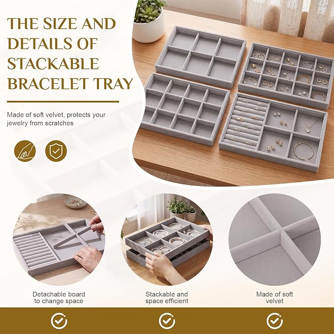 Unittype Set of 4 Stackable Jewelry Organizer Tray for Drawer Inserts Velvet Necklace Earring Bracelet Ring Holder Jewelry Display Storage Box for Bangle Stud Necklace Ring(Mixed Styles,Gray)