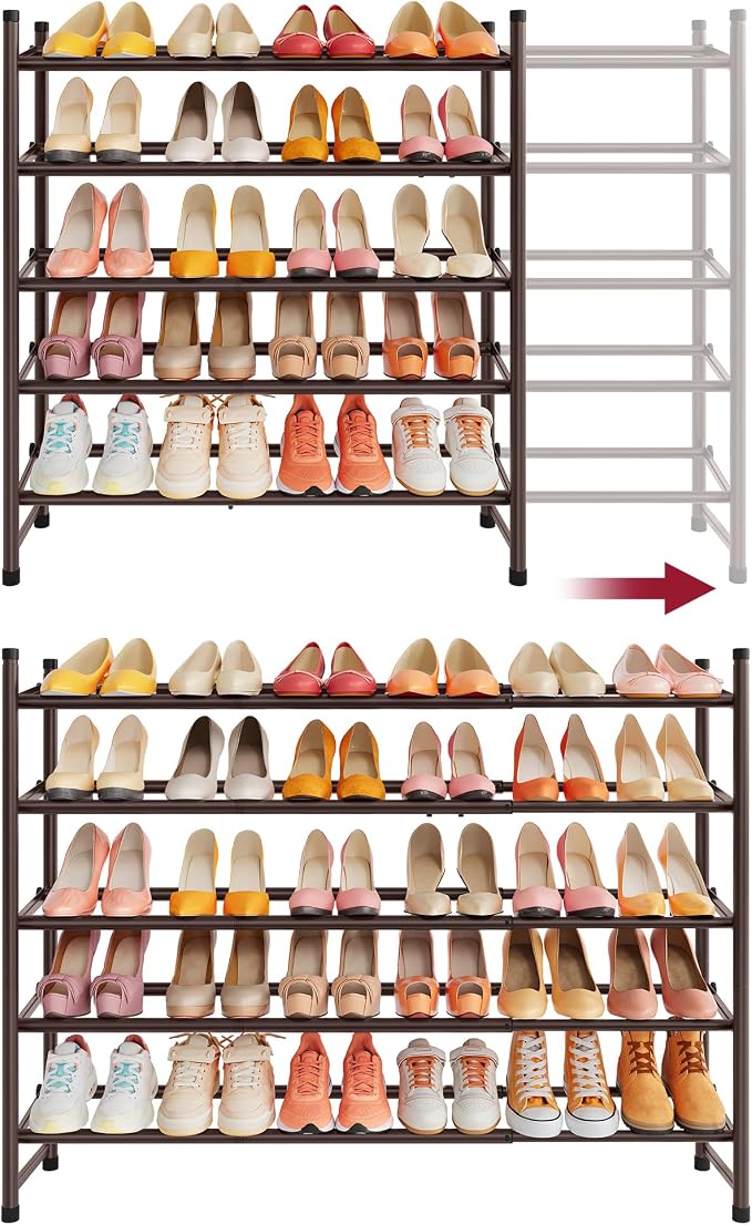 Tajsoon Expandable Shoe Rack for Closet 5 Tier, 28“-41“Stackable, Bronze | Adjustable Shoe Organizer Closet Shoe Rack Floor, Metal Shoe Shelf Storage for Entryway, Closet, Garage, Front Door Entrance