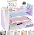 OPNICE Desk Organizer, 4-Tier Desktop File Organizer with Drawer and Pen Holders, Office Desk Accessories, File Sorters, Workspace Organizers for Office Supplies(Purple)