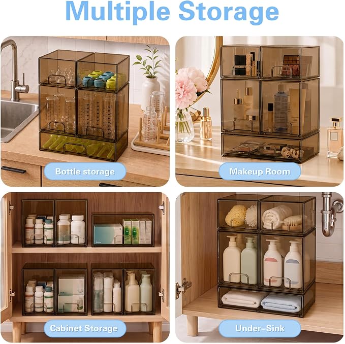 Baby Bottle Organizer, 5 Pack Tea Brown Acrylic Stackable Storage Drawers, Baby Bottle Storage Organizer for Countertop, Nursery, Vanity & Cabinet