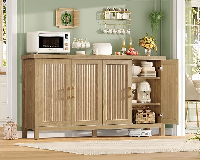 usikey 63" Buffet Cabinet with Storage, Fluted Sideboard Cabinet with 4 Adjustable Shelves, Modern Coffee Bar with 4 Doors, Coffee Bar Cabinet for Kitchen, Living Room, Natural