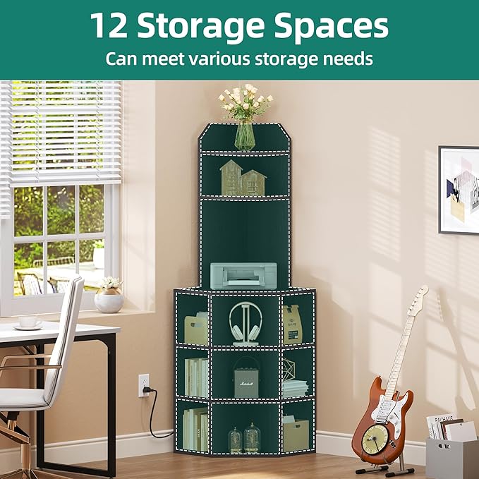 YITAHOME Corner Shelf with USB Ports & Outlets, Industrial Corner Storage Cabinet Rack Charging Station, Wooden Display Bookshelf Bookcase for Living Room, Bedroom, Dining Room, Kitchen, Black