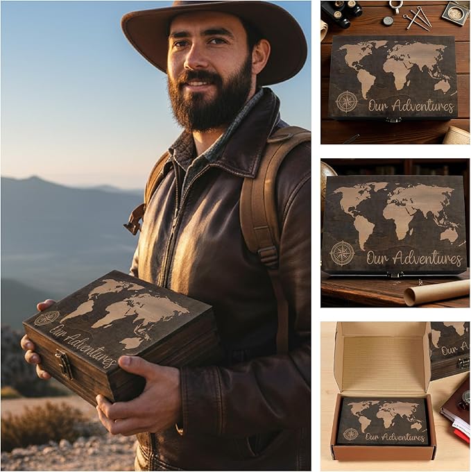 Engraved Adventure Memory Box – Wooden Keepsake Box for Travel Memories, Camping, Couples and Valentine’s Day, Rustic Storage, Medium Size, Dark Walnut – 8.5 x 6 x 3 in