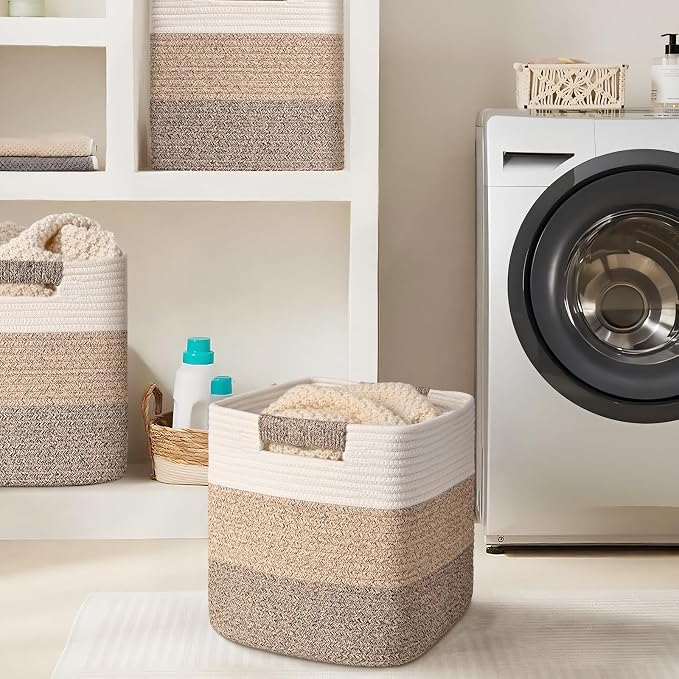 13 Inch Storage Cubes, 3 Pack Cube Storage Bins for Organizing, Cotton Rope Woven Baskets for Shelves, Bathroom, Kids Room, Closets, Baby Nursery