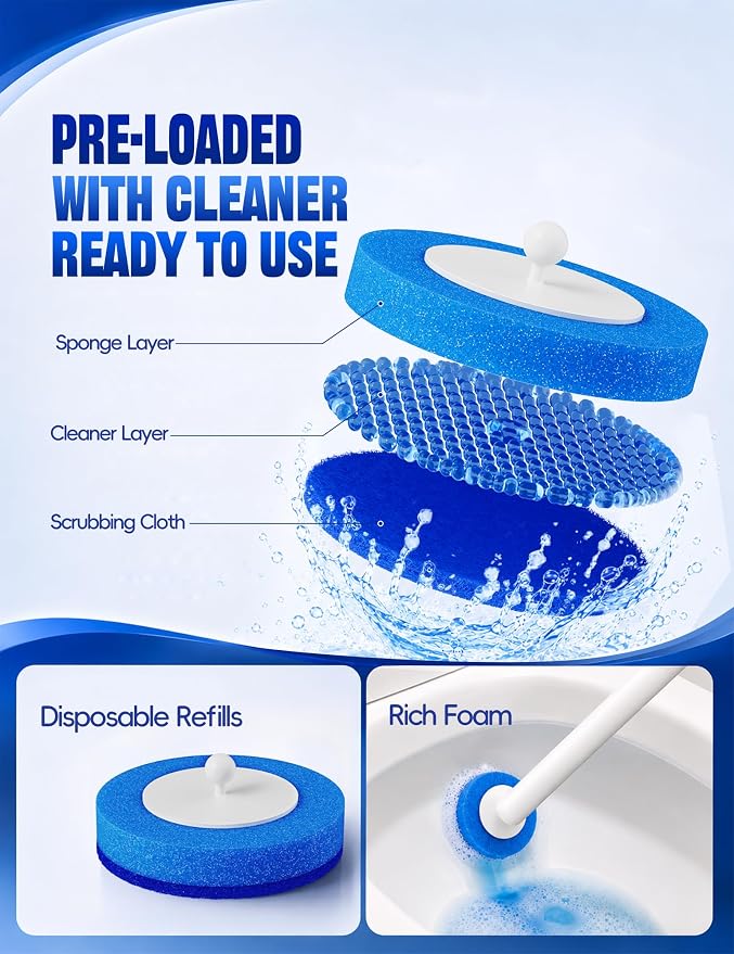 Toilet Brush Kit, Disposable Toilet Bowl Cleaner Brush with Blue Replacement Heads, Press-Button Wand and Self-Closing Freestanding Holder (Toilet Brush + 35 Refills)