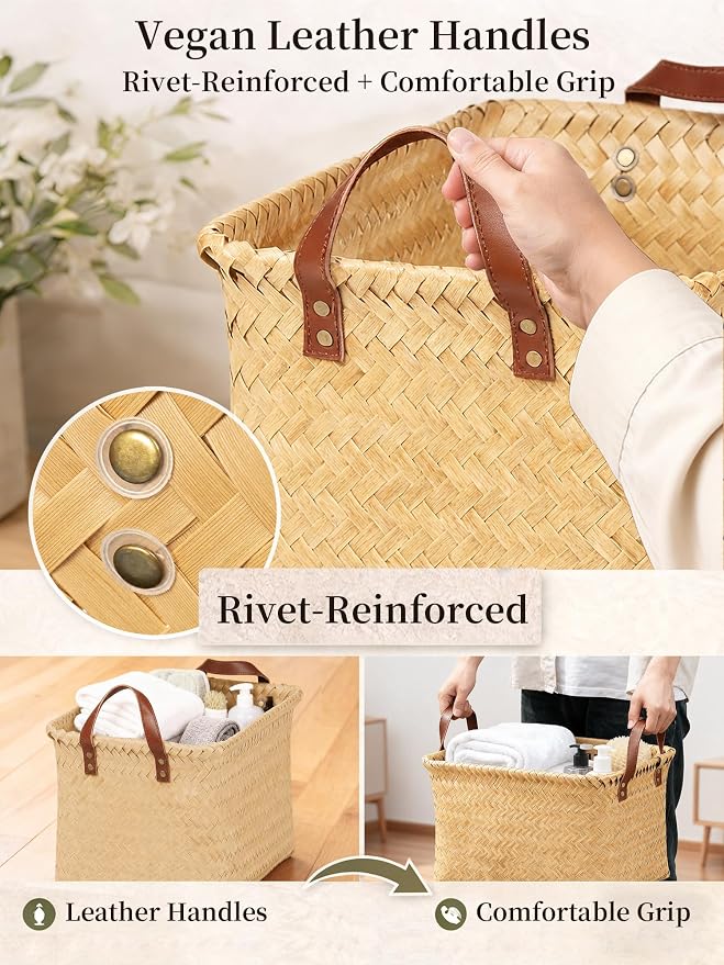 Hand Woven Baskets for Storage, 4Pcs Water-Resistant Wicker Baskets, Yellow Wicker Storage Baskets for Shelves, Large Basket with Handle for Organizing, Clothes, Laundry, Blanket - Rectangular
