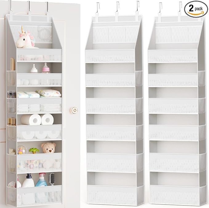 Criusia 2 Pack Over the Door Organizer, Heavy-Duty 6-Shelf Hanging Storage with 13 Mesh Pockets, 55lbs Capacity Behind the Door Storage for Nursery, Bathroom, Bedroom, and Dorm, White