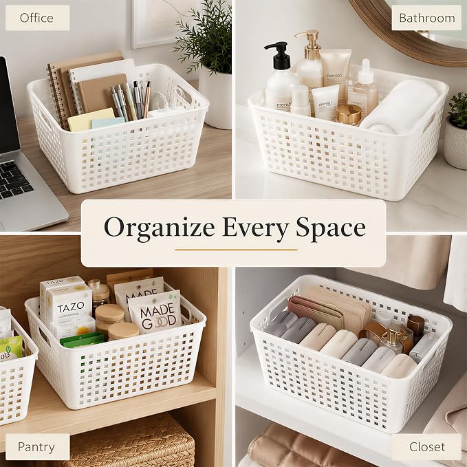 6 Pack Plastic Classroom Storage Baskets, Organizer Bins with Handle | White Color 11" × 7.1" × 4.6" Medium Papers Book Storage Organizer for School Classroom Library Office Home Desktop Bookshelf