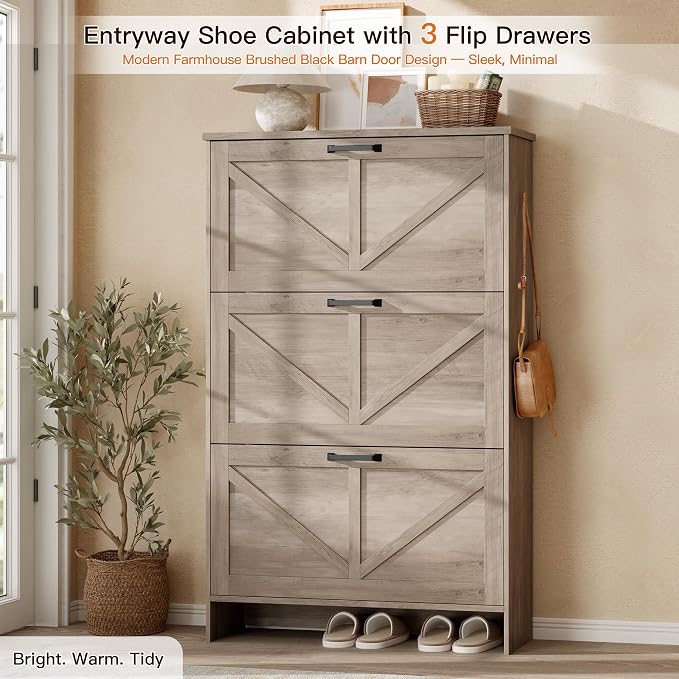 Nicetree Farmhouse Gray Shoe Cabinet – Ultra Slim 3-Drawer Flip Organizer with Shaker Barn Door Accents, 3 Adjustable Shelves, and Freestanding Compact Design, Shoe Rack Stores Multiple Pairs